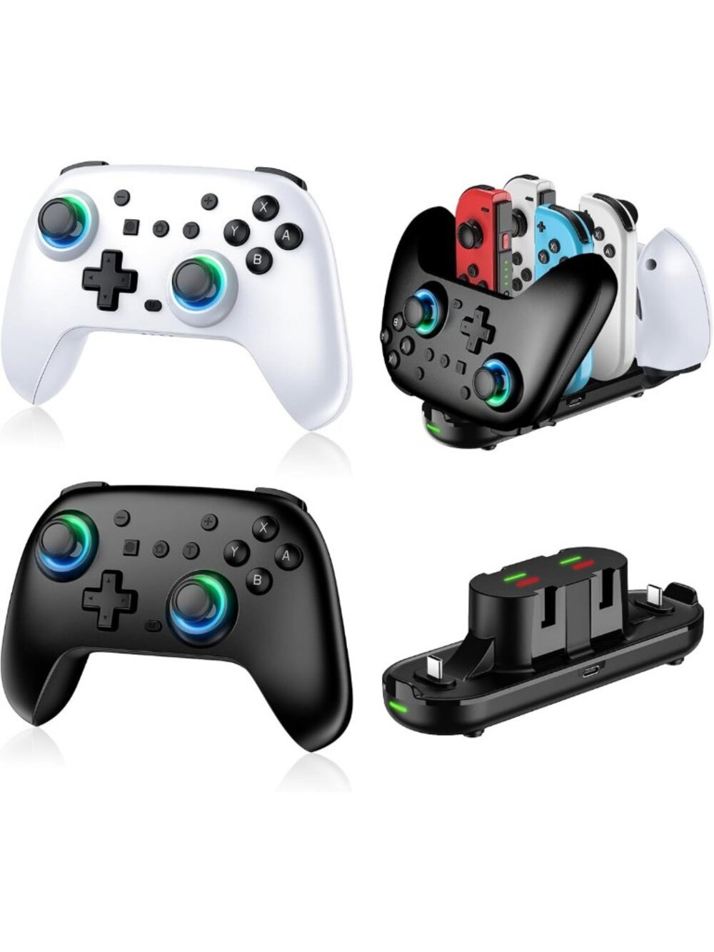 Wireless Switch Controllers 2-Pack with Charging Dock, RGB, Dual Vibration